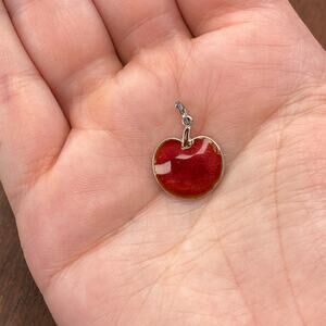 Vintage 925 Sterling Silver Red Enamel Apple Cherry Fruit Pendant Bracelet Charm